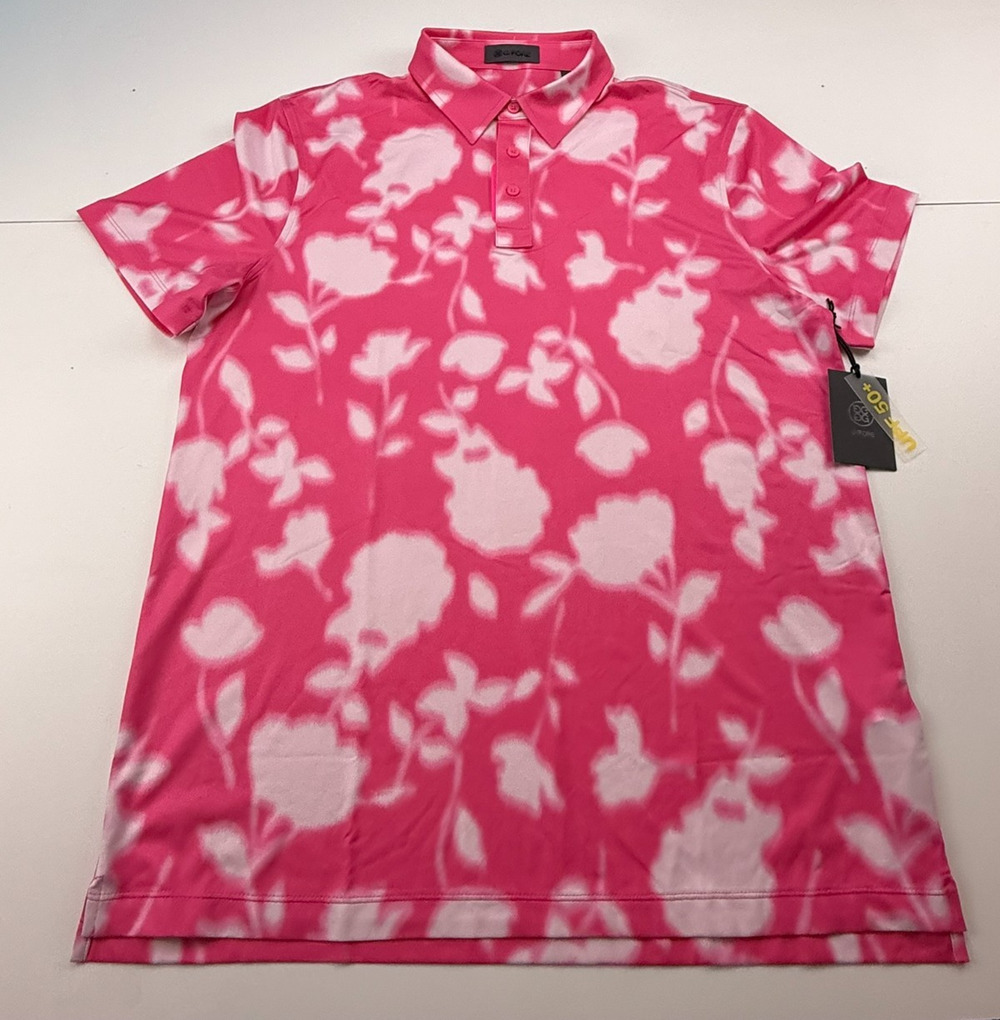 G/FORE Mens Performance Golf Polo Shirt Pink White Floral Blur GMP000080A Size L